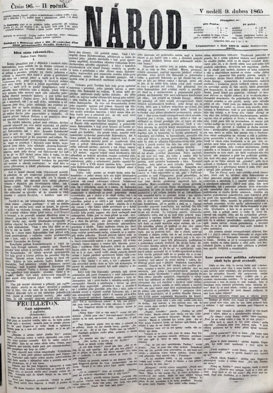 Národ, ročník II, č. 96, 9. 4. 1863. Knihovna Národního muzea, odd. časopisů, sign. Z 28 A 3. / Foto: Knihovna Národního muzea