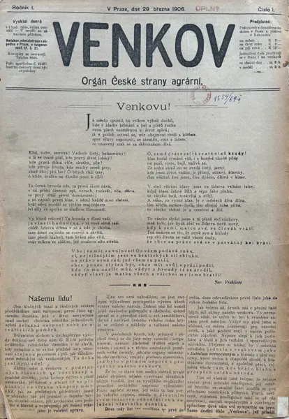 Venkov, ročník I, č. 1, 29. 3. 1906. Knihovna Národního muzea, odd. časopisů, sign. Z 14 A 1. Foto: Knihovna Národního muzea