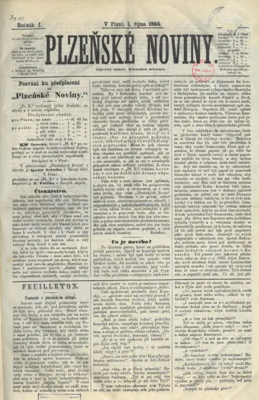 První číslo Plzeňských novin z roku 1864